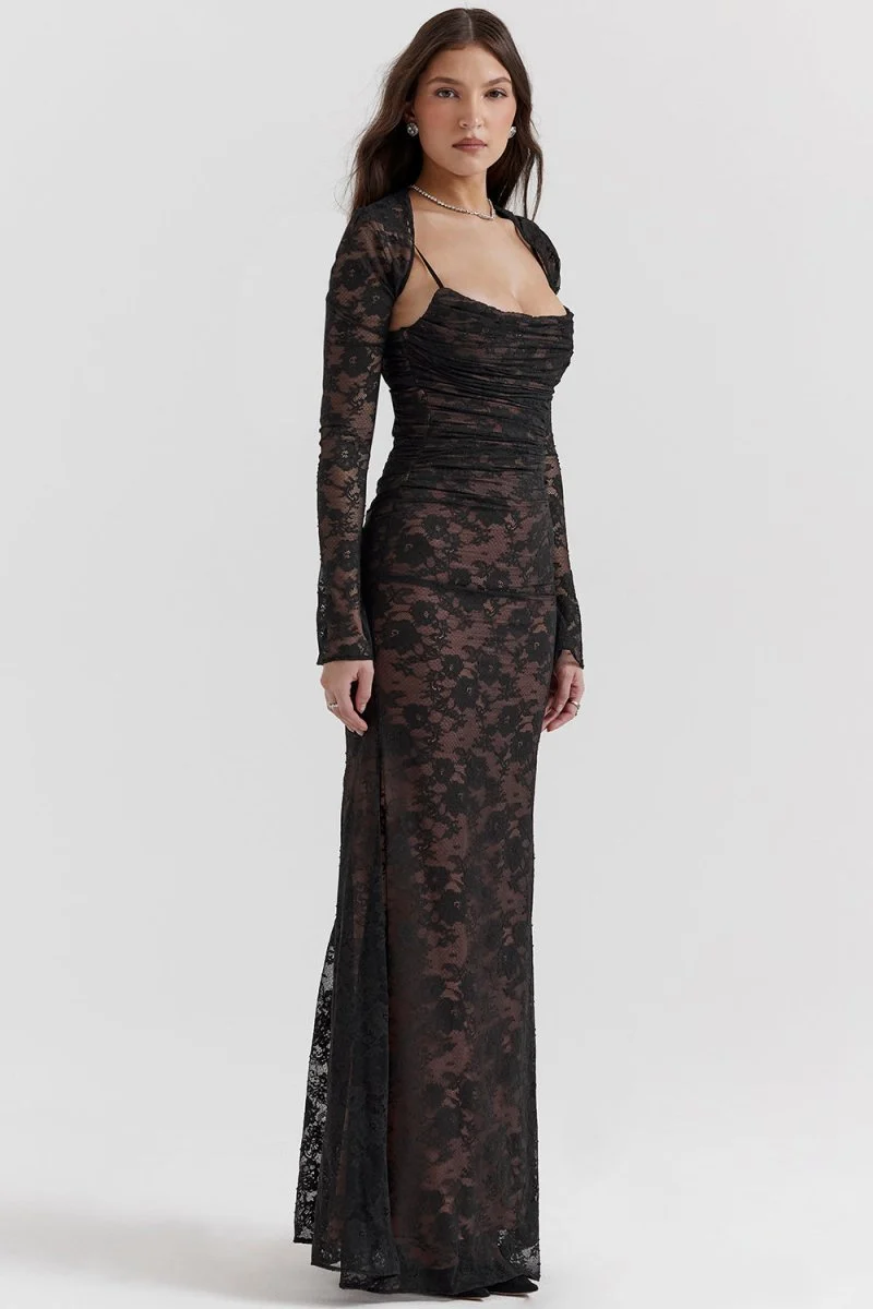 Thalassa schulterfreies Maxikleid aus floraler Spitze