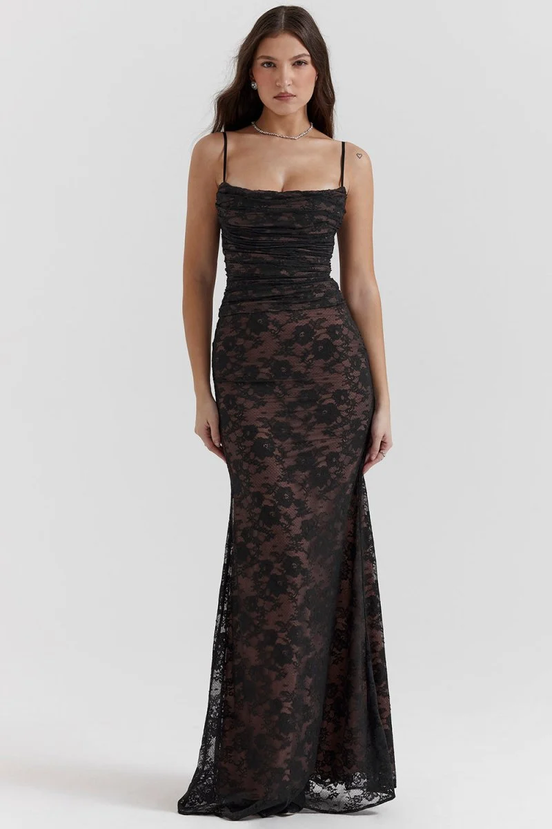 Thalassa schulterfreies Maxikleid aus floraler Spitze