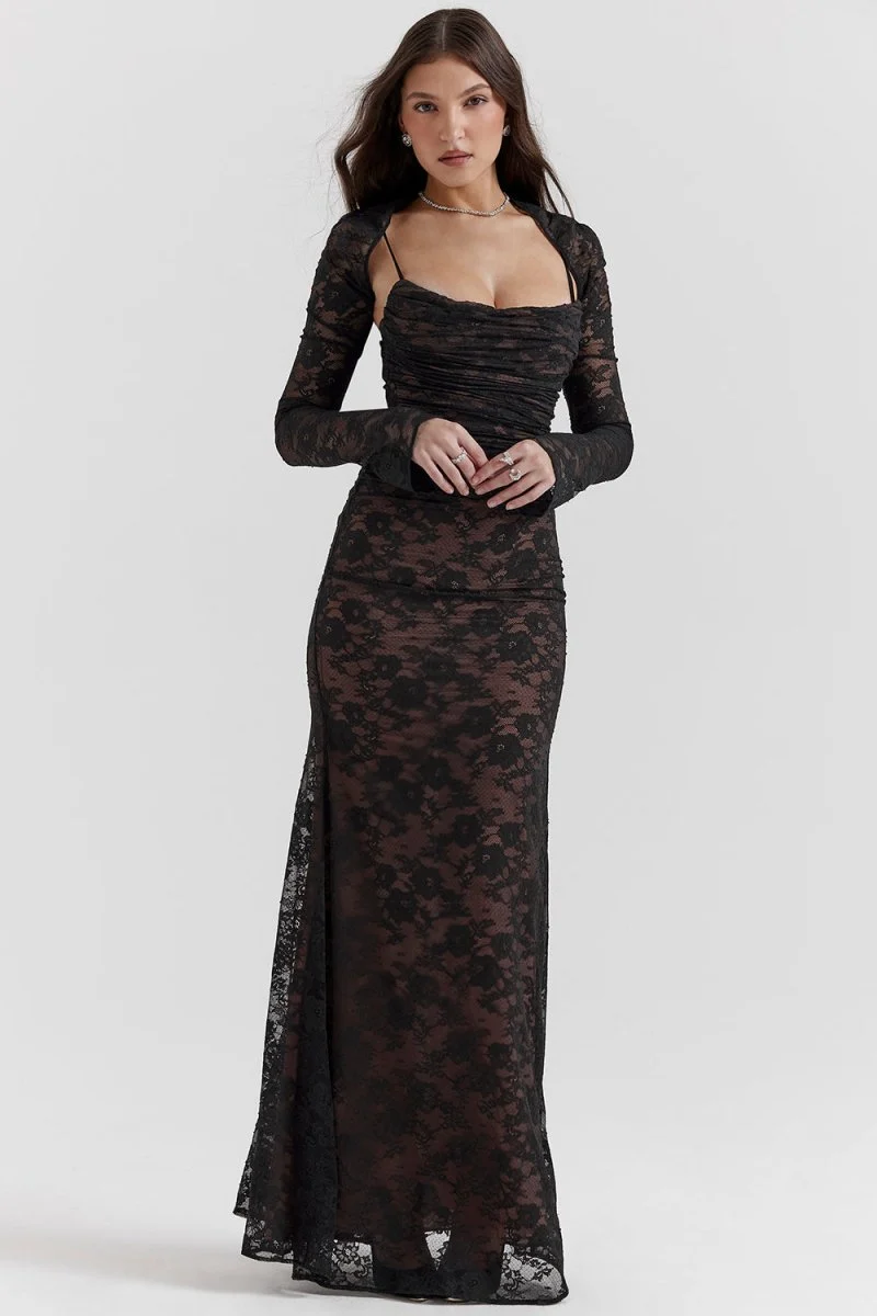 Thalassa schulterfreies Maxikleid aus floraler Spitze