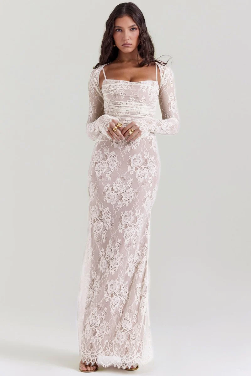 Thalassa schulterfreies Maxikleid aus floraler Spitze