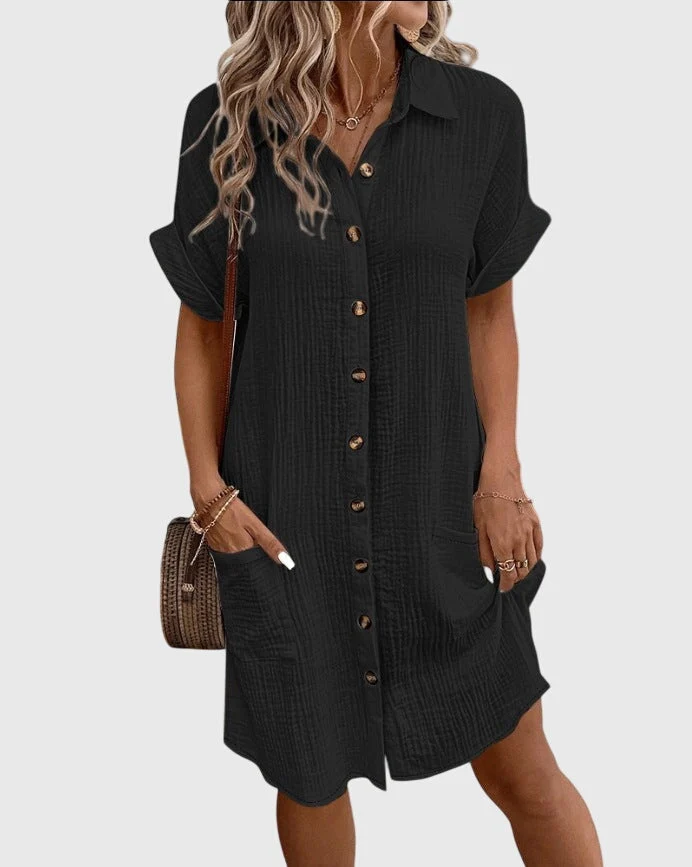 Locker geschnittenes Sommerkleid mit Knopfleiste – Midikleid Kurzarm Polokleid