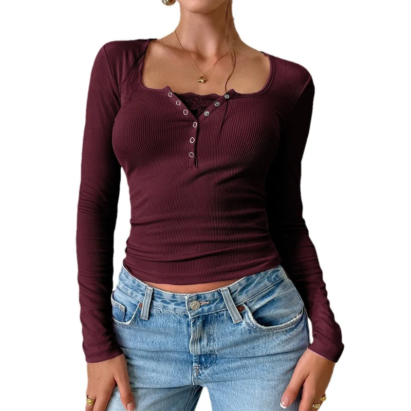 Damen Langarmshirt mit Knopfleiste und Rippstruktur
