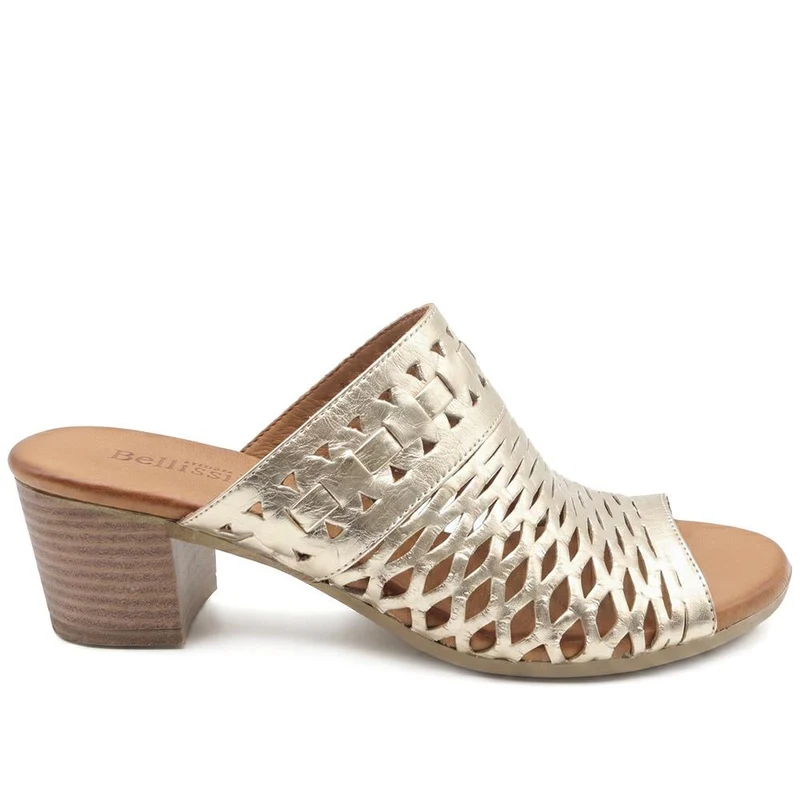 Bellissimo Leather Heeled Mule Sandals - BELMET43004 / 329 221 - Gold