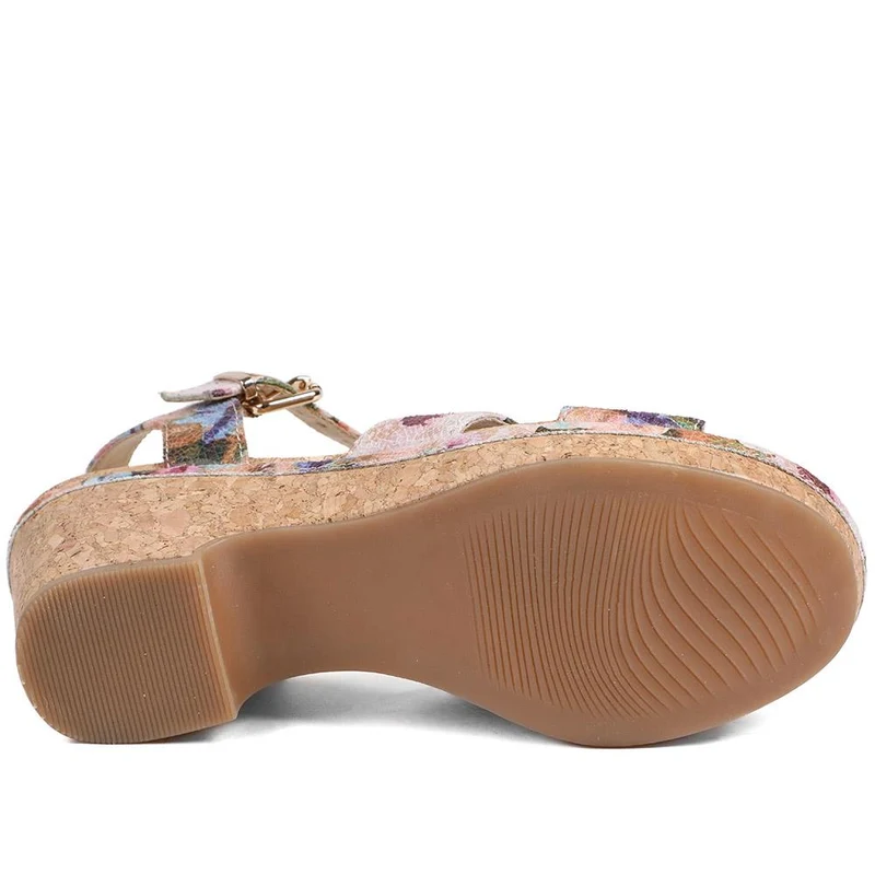 Patterned Cork Wedge Platform Sandals - WBINS43096 / 329 374 - Floral