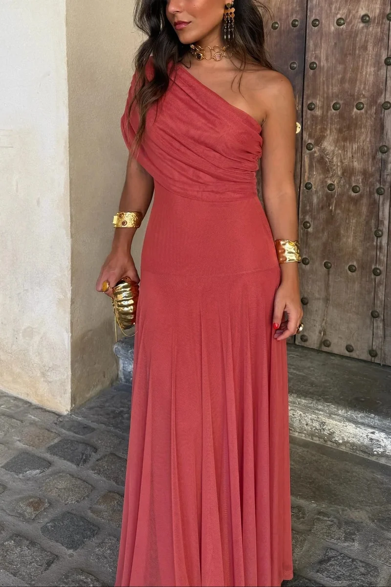 Brittany Damen One-Shoulder Mesh-Maxikleid für den Sommer