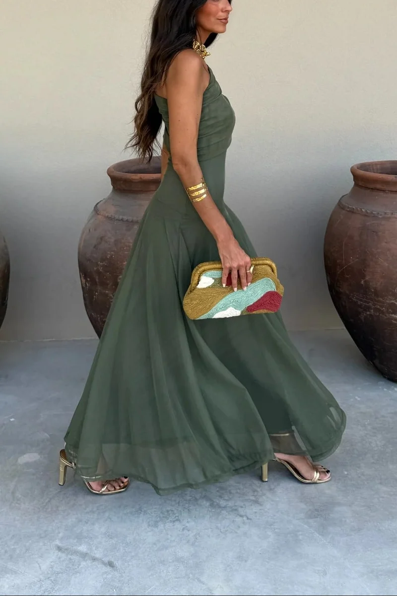 Brittany Damen One-Shoulder Mesh-Maxikleid für den Sommer