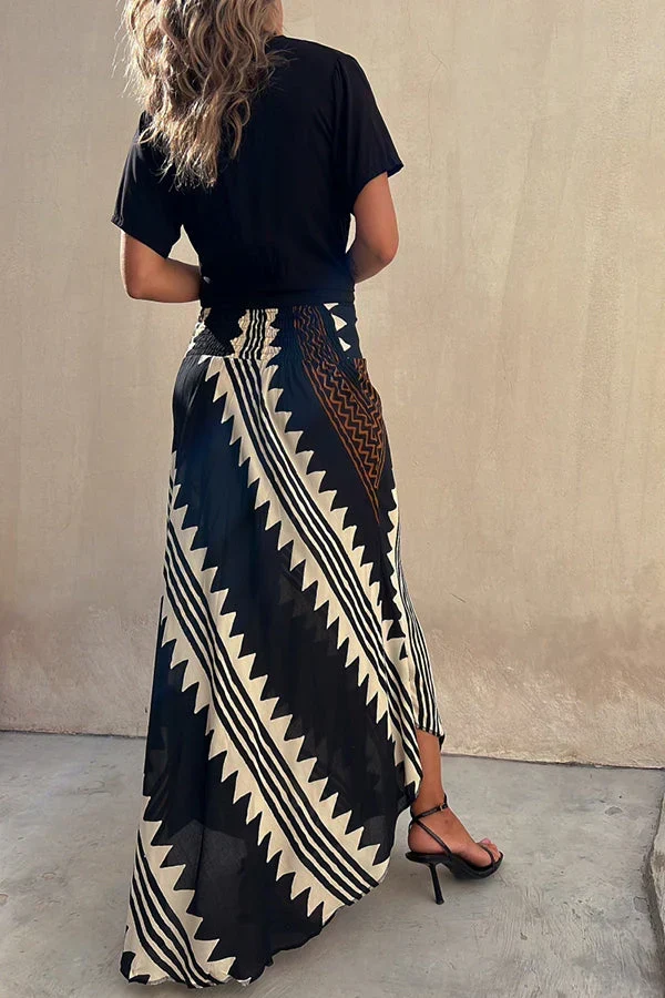 Aglaiya Damen Maxirock mit geometrischem Print und Bund