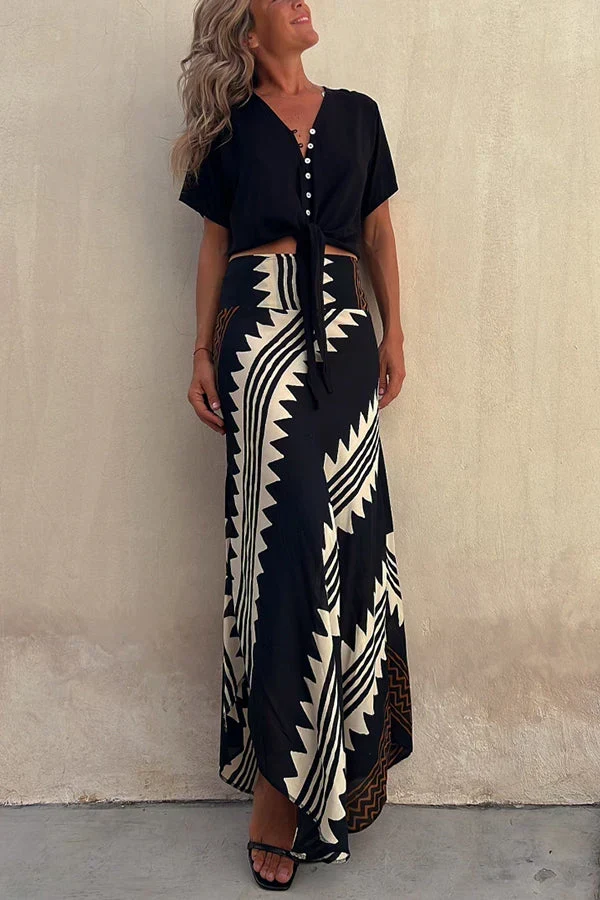 Aglaiya Damen Maxirock mit geometrischem Print und Bund