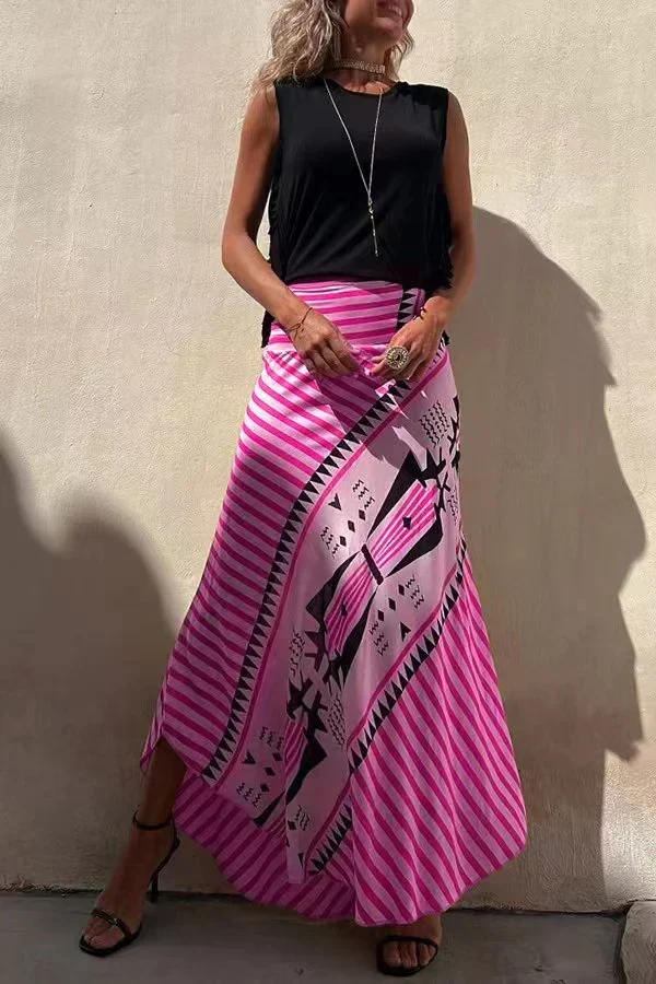 Aglaiya Damen Maxirock mit geometrischem Print und Bund