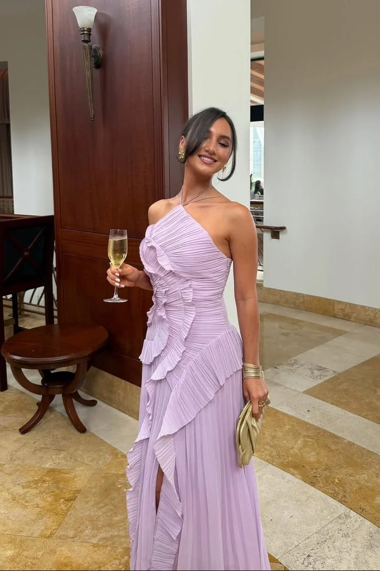 Eliza Damen plissiertes Rüschen-Maxikleid