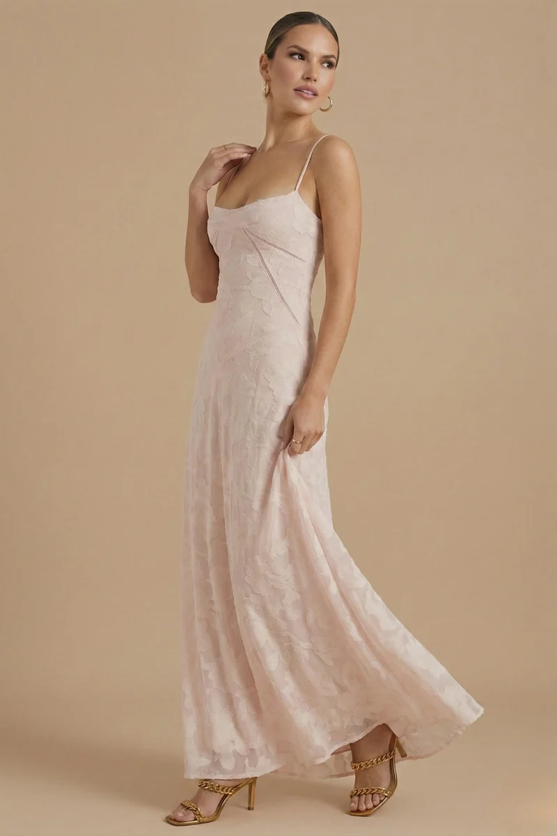 Damen Maxikleid mit Blumenmuster, Spaghettiträgern und taillierter Passform