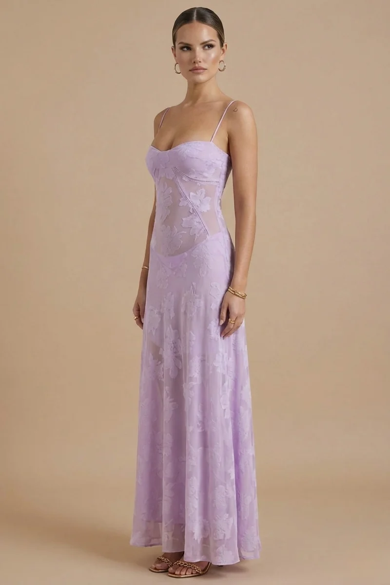 Damen Maxikleid mit Blumenmuster, Spaghettiträgern und taillierter Passform