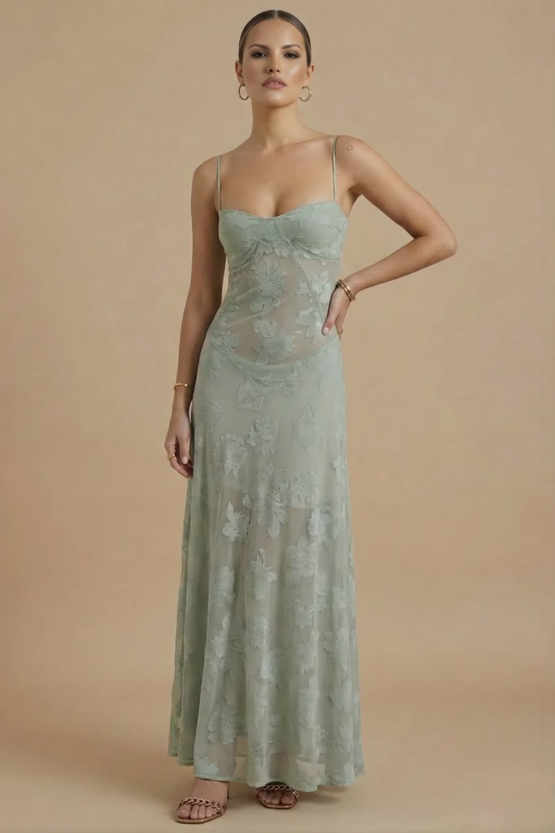Damen Maxikleid mit Blumenmuster, Spaghettiträgern und taillierter Passform
