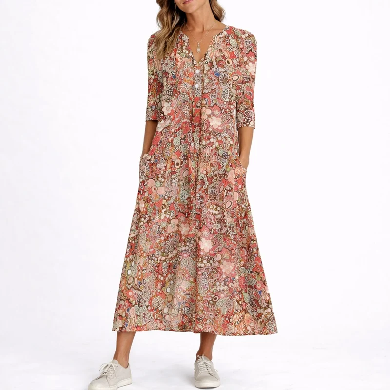 Clara | Florales Herbst-Hochzeitskleid Mit V-Ausschnitt Und Midi-Länge