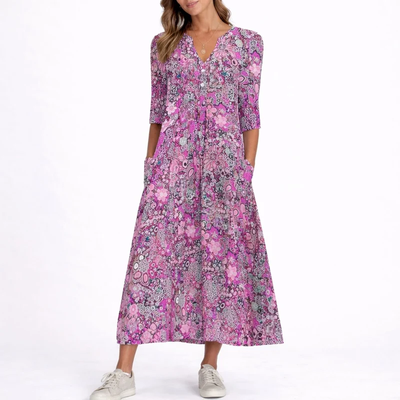 Clara | Florales Herbst-Hochzeitskleid Mit V-Ausschnitt Und Midi-Länge