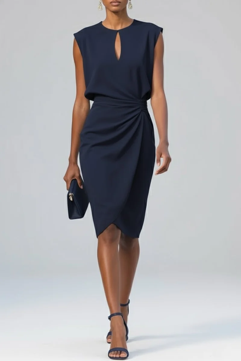 Katharina | Damen Midi-Kleid mit Schlüsselloch-Ausschnitt und Raffung