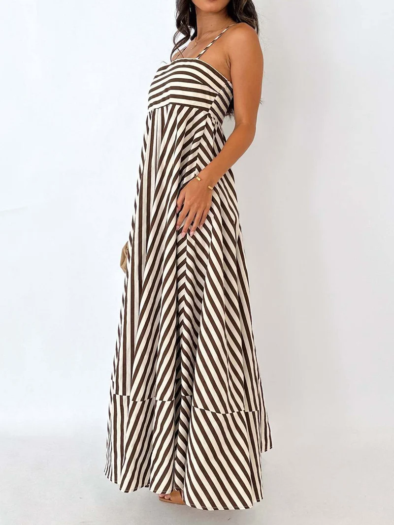 Emilia – Langes, gestreiftes Plissee-Trägerkleid