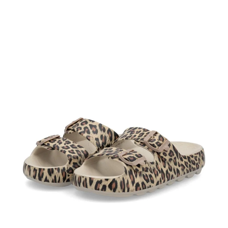 Rieker Damen Animal Print Fashion Slide - Beige