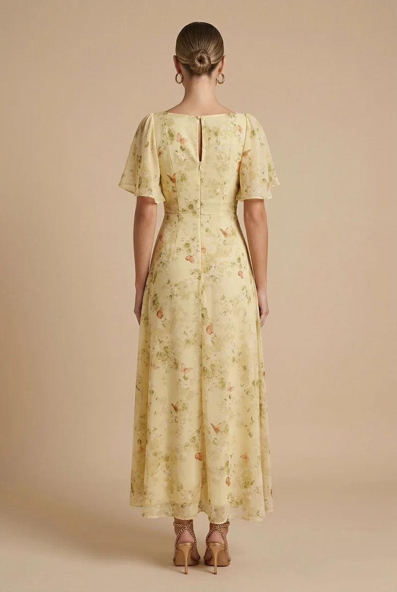 Damen Maxikleid mit Blumenmuster, quadratischem Ausschnitt und Puffärmeln