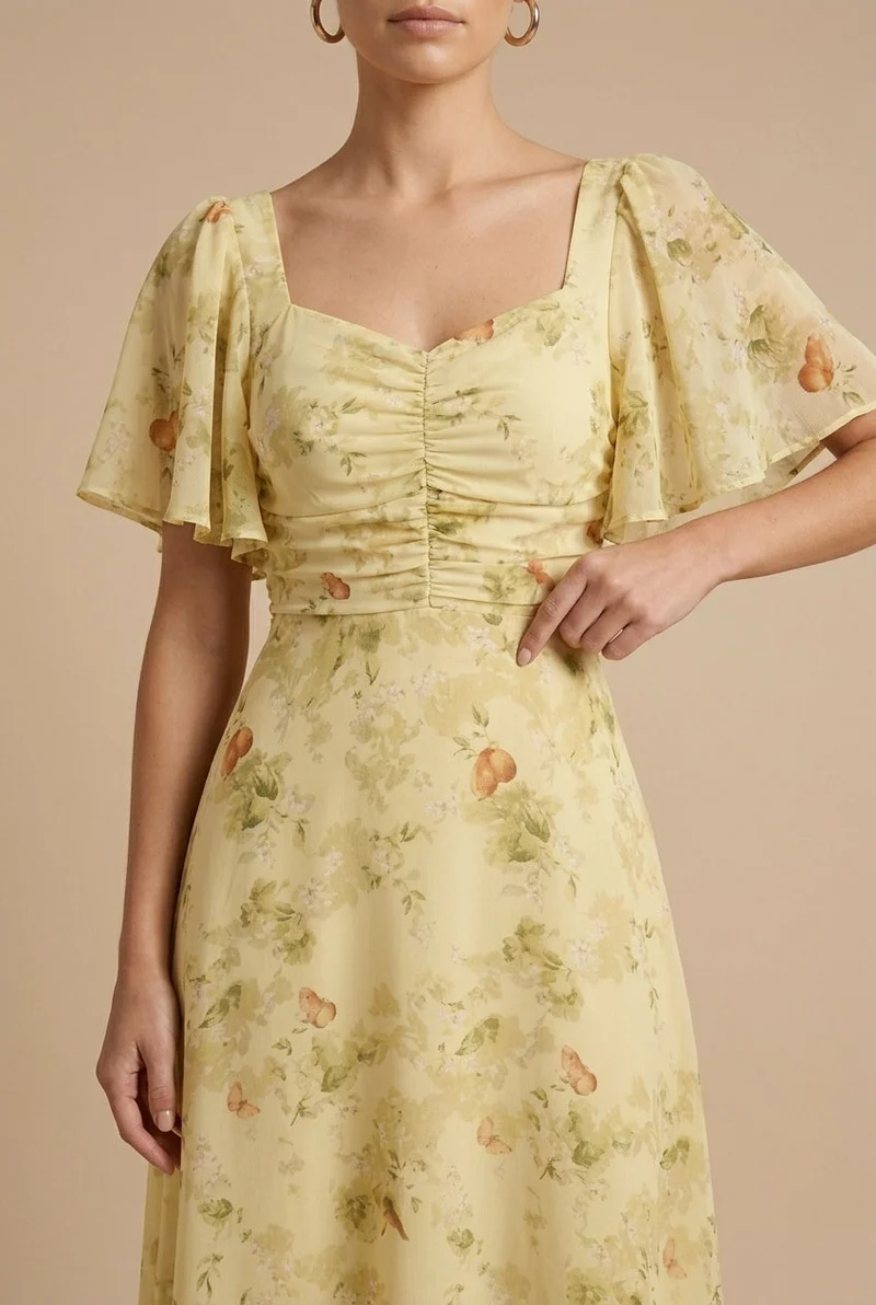 Damen Maxikleid mit Blumenmuster, quadratischem Ausschnitt und Puffärmeln