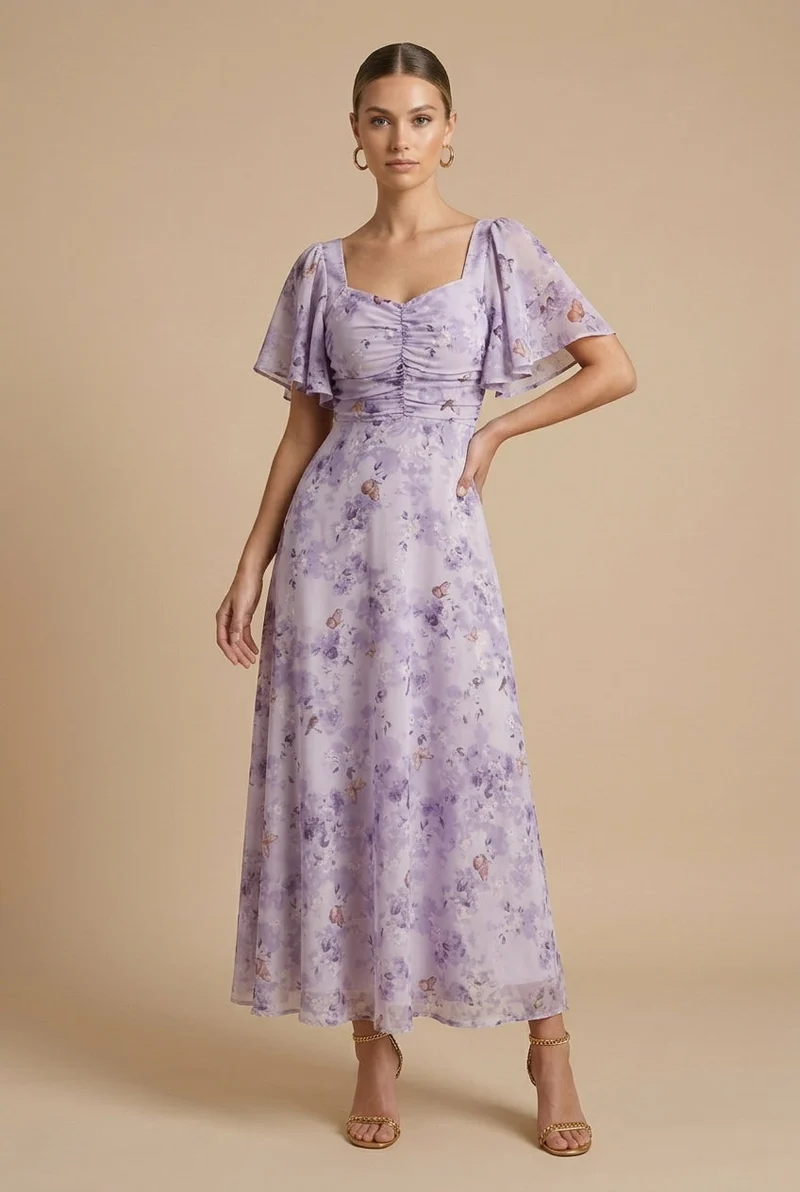 Damen Maxikleid mit Blumenmuster, quadratischem Ausschnitt und Puffärmeln