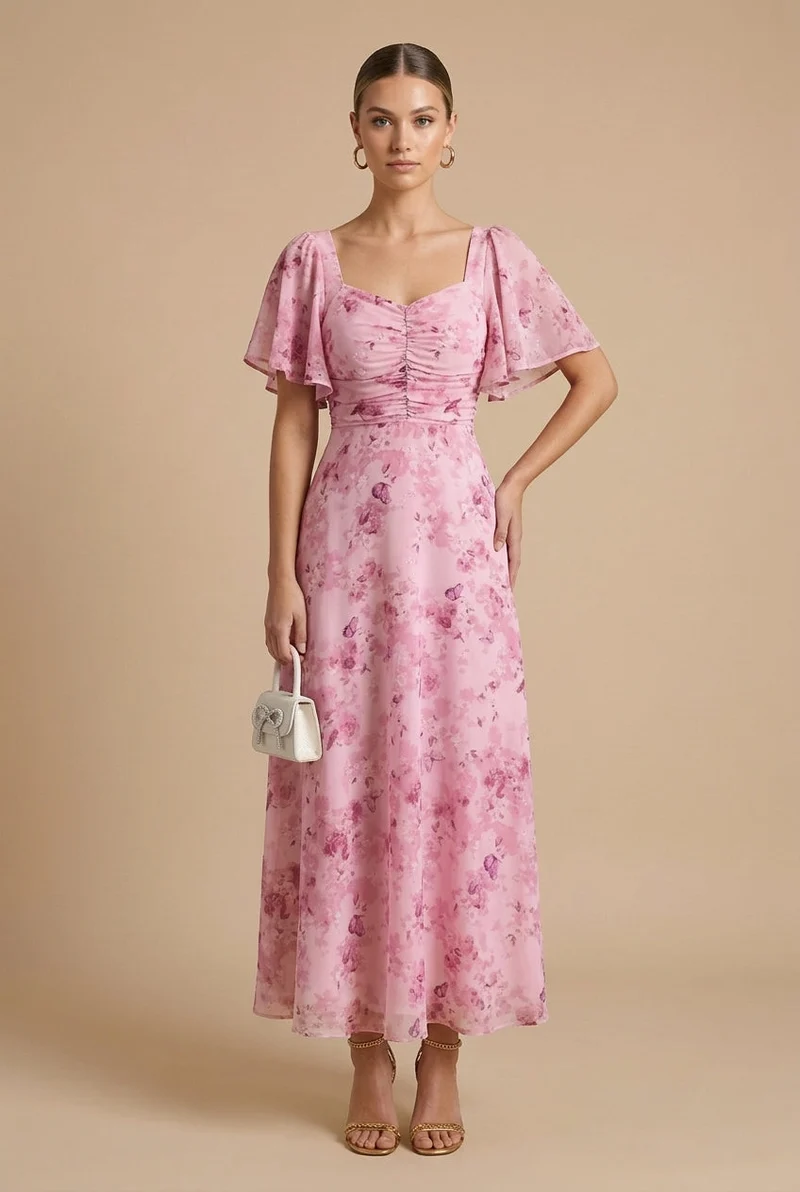Damen Maxikleid mit Blumenmuster, quadratischem Ausschnitt und Puffärmeln