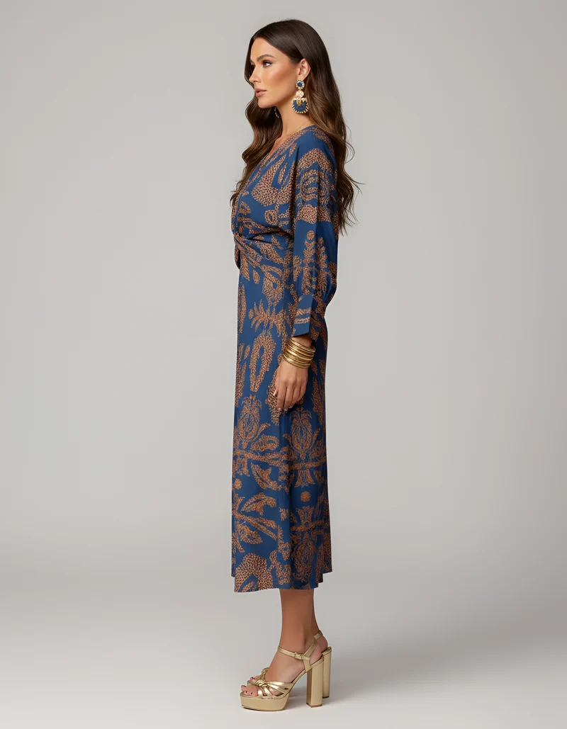 Midi-Kleid mit V-Ausschnitt langen Ärmeln und Knoten vorne
