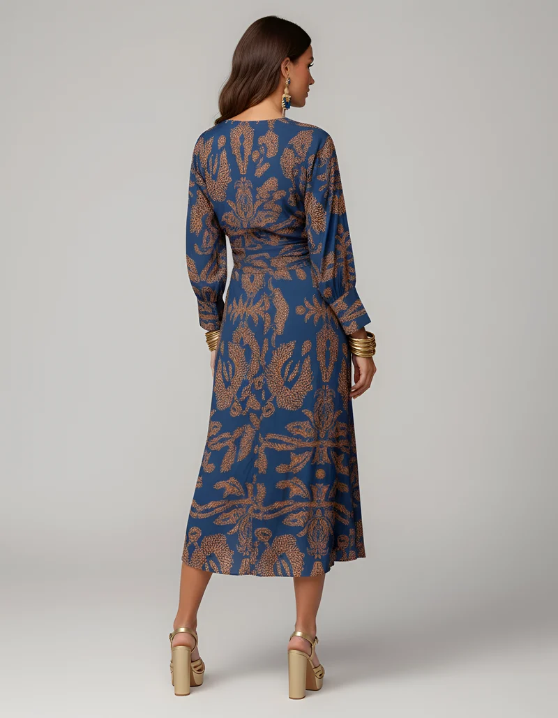 Midi-Kleid mit V-Ausschnitt langen Ärmeln und Knoten vorne