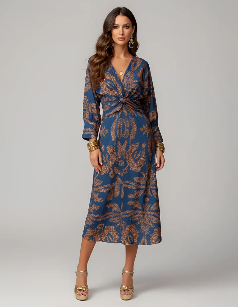 Midi-Kleid mit V-Ausschnitt langen Ärmeln und Knoten vorne
