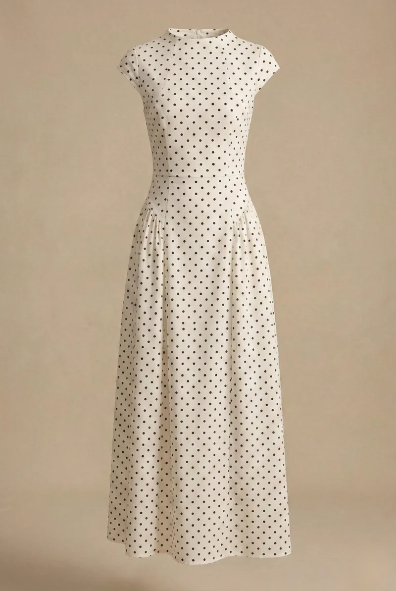 Damen Maxikleid mit Punkten, rundem Ausschnitt und A-Linien Silhouette