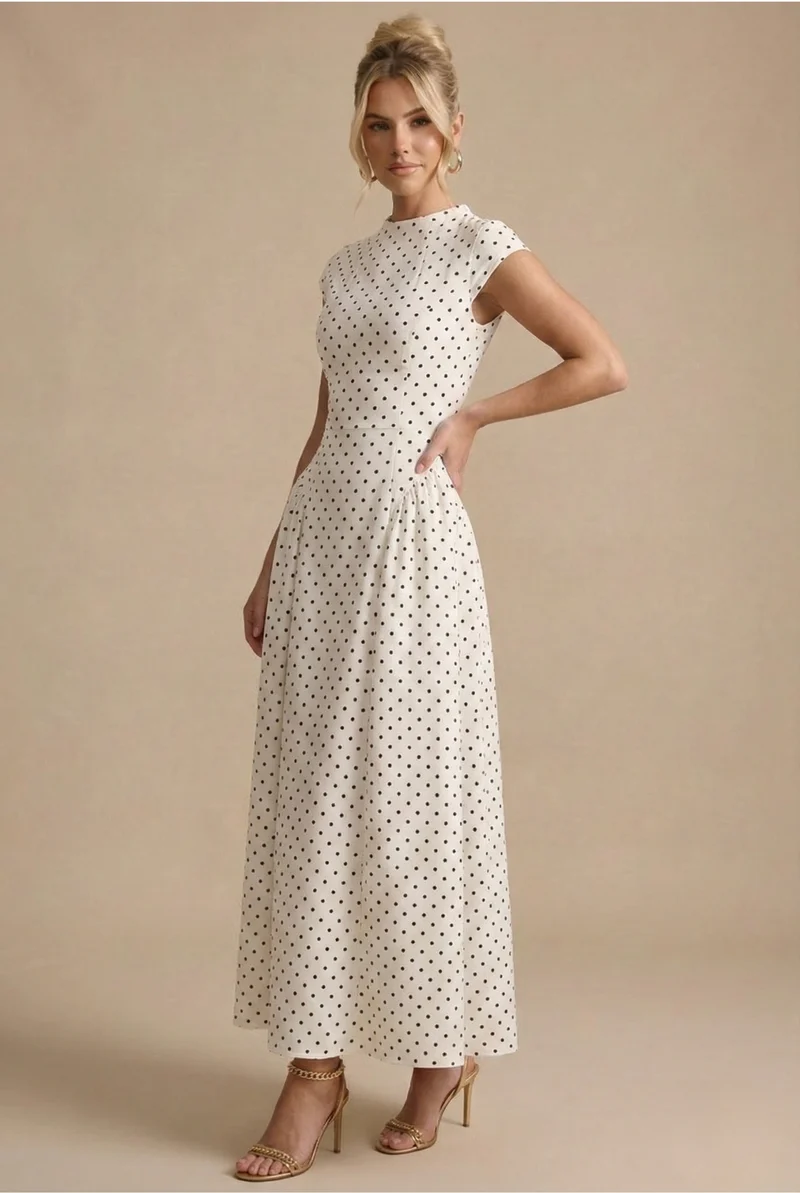 Damen Maxikleid mit Punkten, rundem Ausschnitt und A-Linien Silhouette