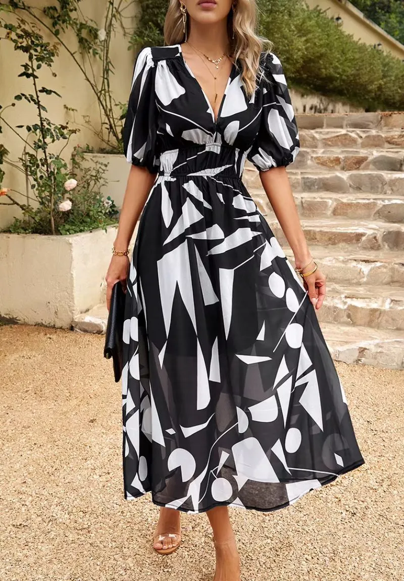 Damen Maxikleid mit Blumenmuster V-Ausschnitt Puffärmel