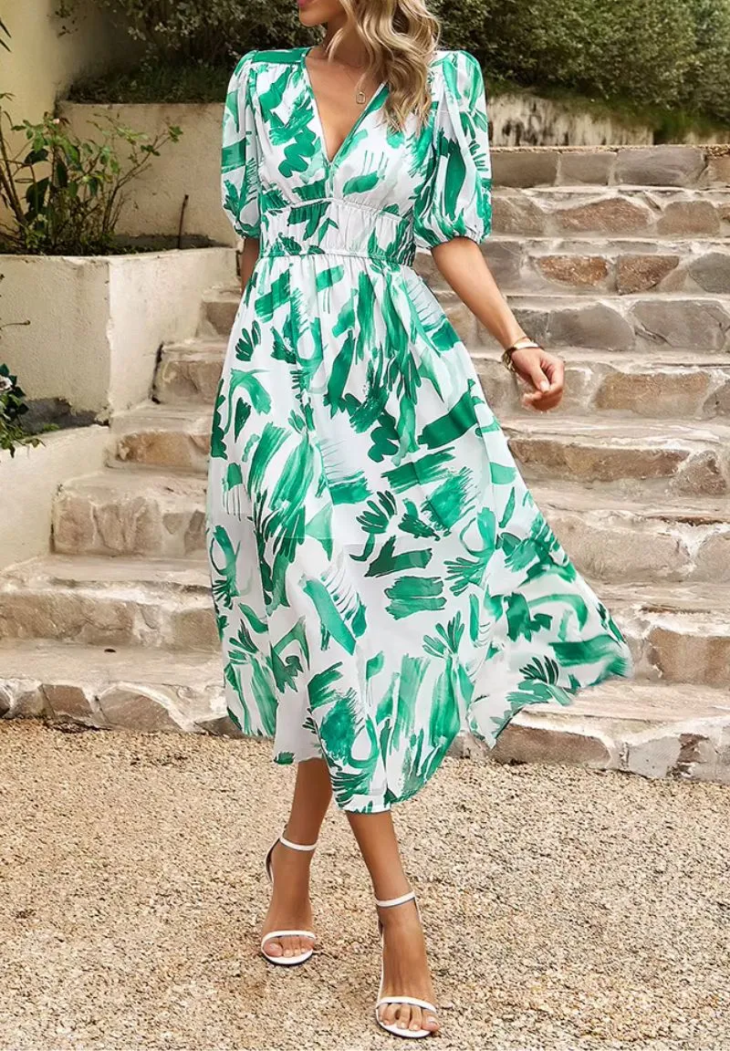 Damen Maxikleid mit Blumenmuster V-Ausschnitt Puffärmel