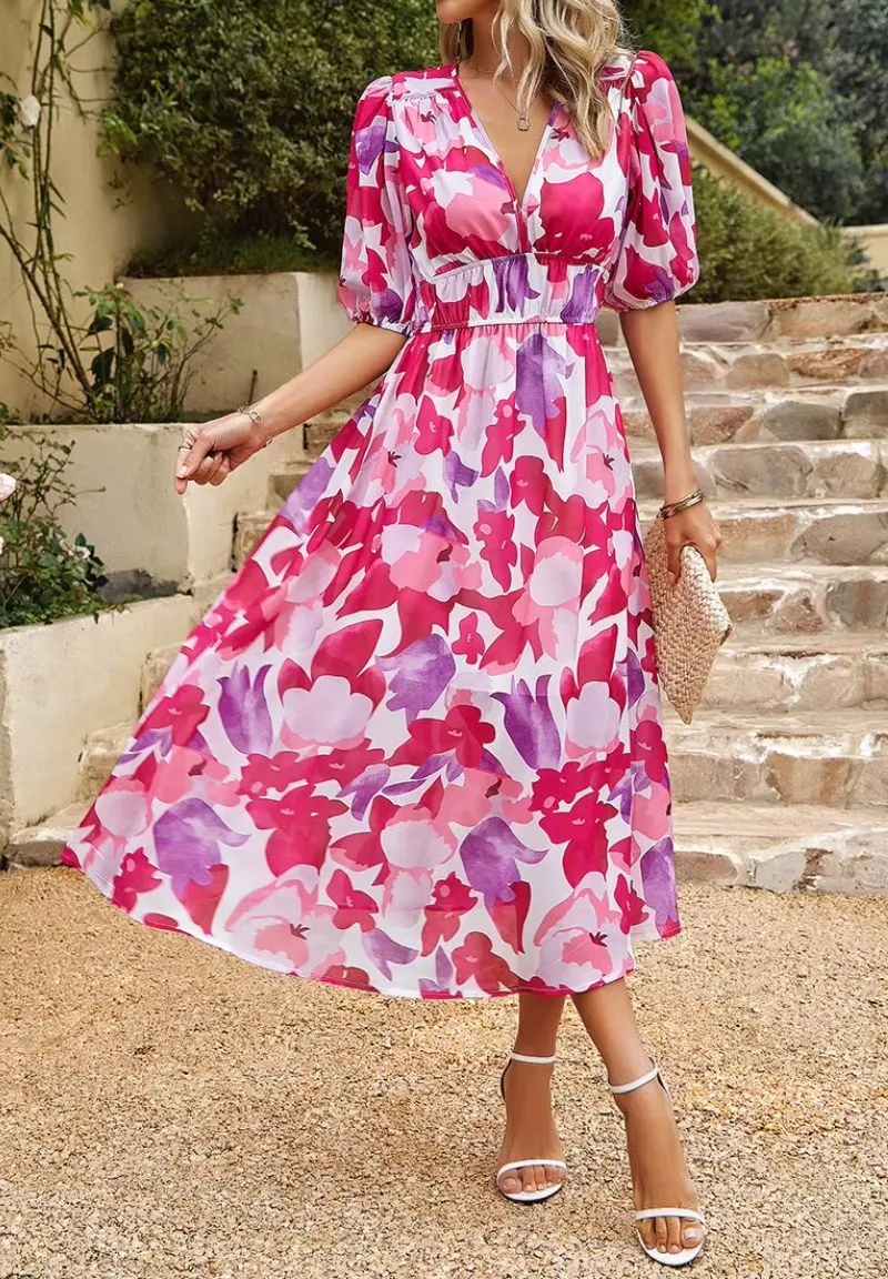 Damen Maxikleid mit Blumenmuster V-Ausschnitt Puffärmel