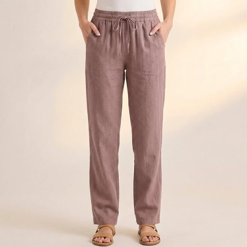 Lockere Damen Hose aus Leinen-Mix mit Kordelzug – Lang