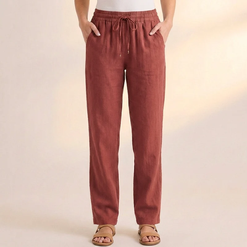 Lockere Damen Hose aus Leinen-Mix mit Kordelzug – Lang