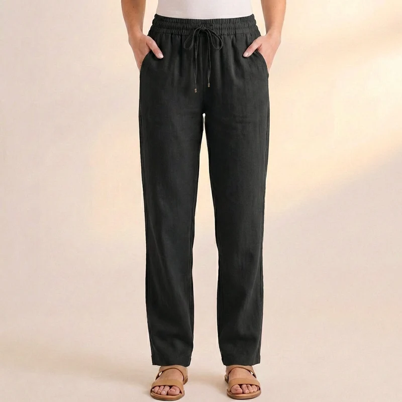 Lockere Damen Hose aus Leinen-Mix mit Kordelzug – Lang