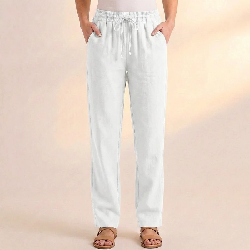 Lockere Damen Hose aus Leinen-Mix mit Kordelzug – Lang