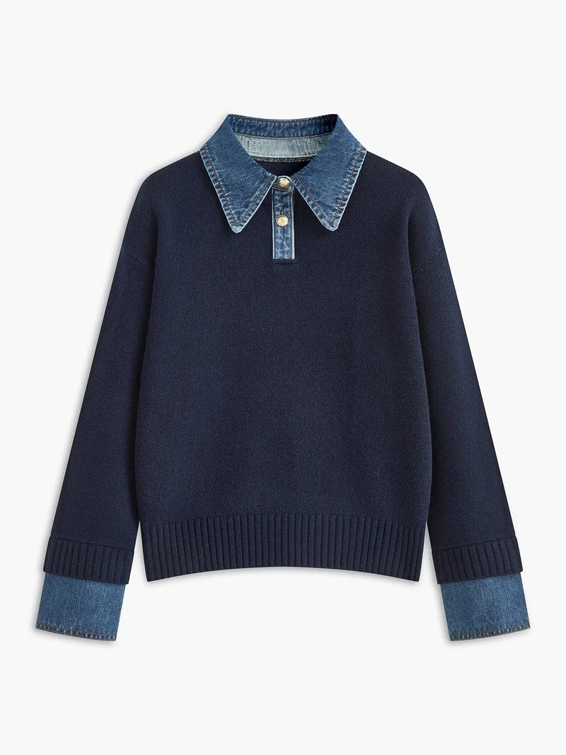 Victoria | Eleganter Damen Strickpullover Mit Denim-Kragen