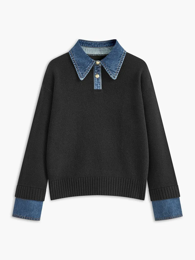 Victoria | Eleganter Damen Strickpullover Mit Denim-Kragen