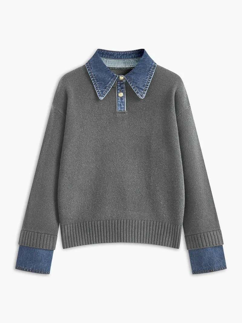 Victoria | Eleganter Damen Strickpullover Mit Denim-Kragen