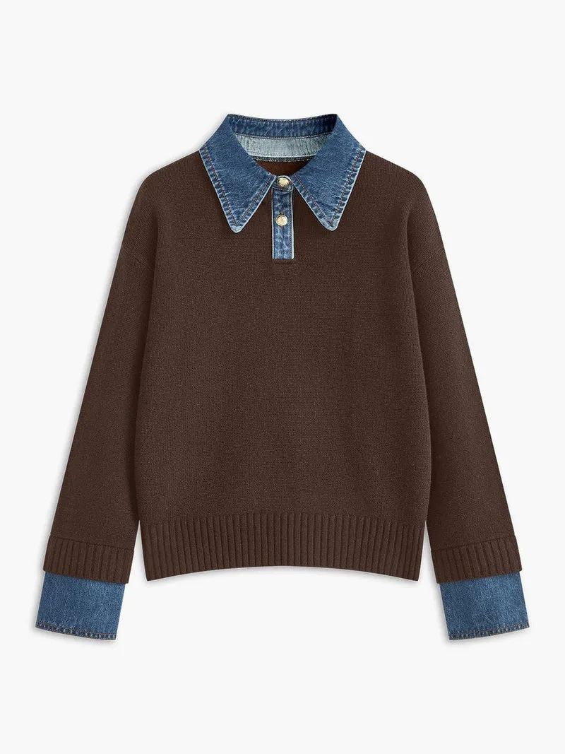 Victoria | Eleganter Damen Strickpullover Mit Denim-Kragen