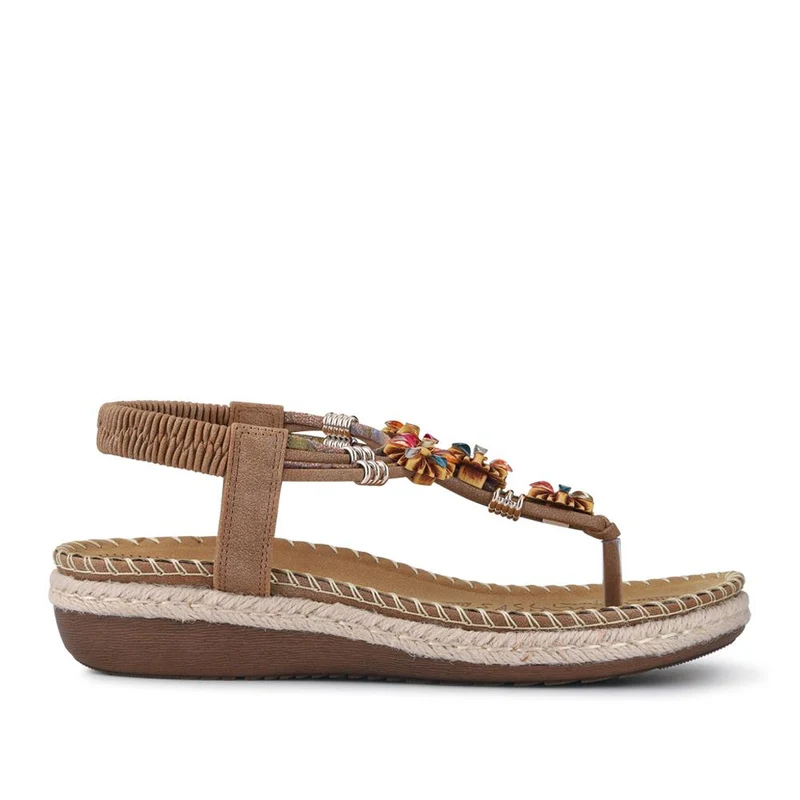 Elasticated Slingback Toe Post Sandals - BAIZH41053 / 327 224 - Brown