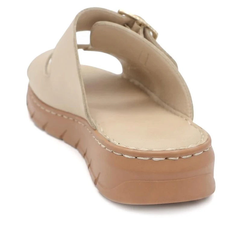 Dual Buckled Leather Chunky Mule Sandals - GOKH43001 / 329 421 - Beige