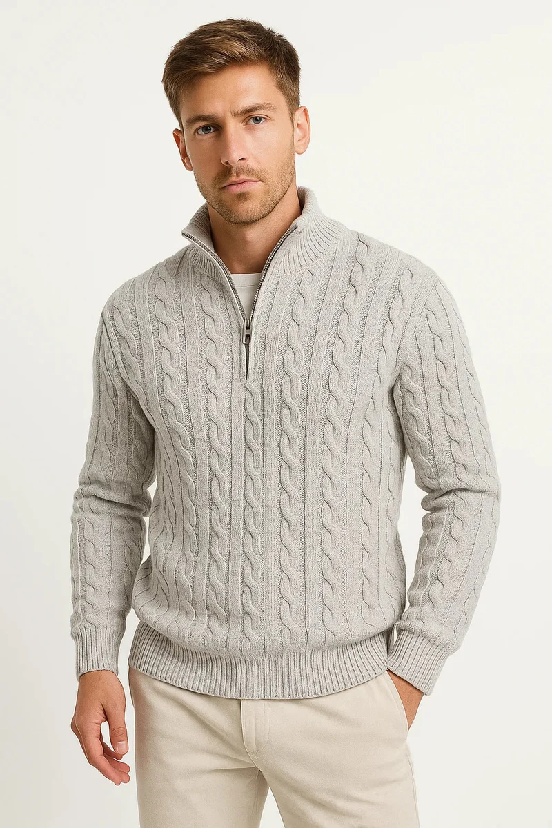 Julian | Klassischer Strickpullover mit Zopfmuster und Reißverschluss