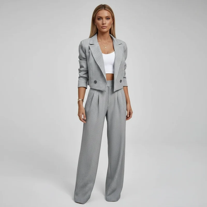 Evelyn | Elegantes Gestreiftes Blazer und Wide-Leg-Hosen-Set