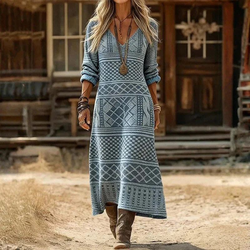 Emily | Boho Vintage Maxikleid mit V-Ausschnitt und langen Ärmeln