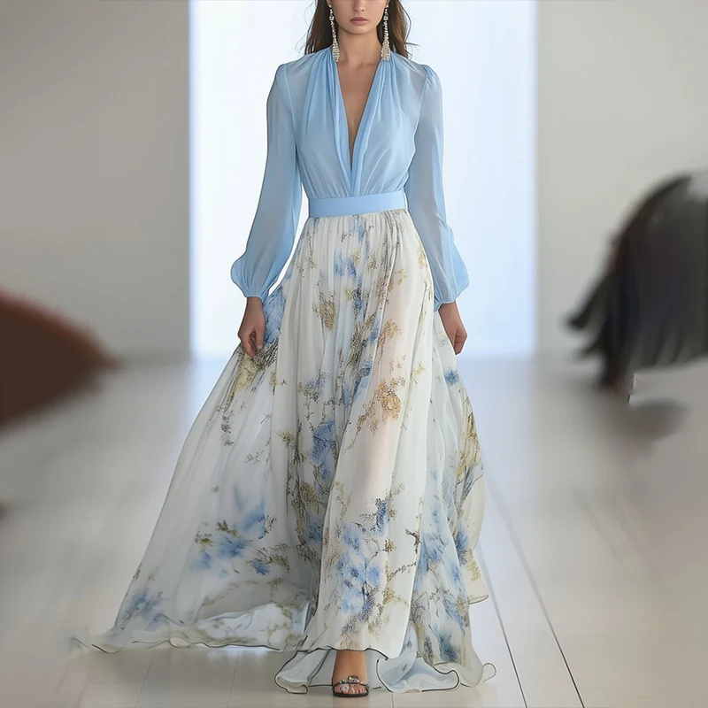 Chloe | Elegant Kleid mit langen Ärmeln und floralem Chiffon-Maxirock