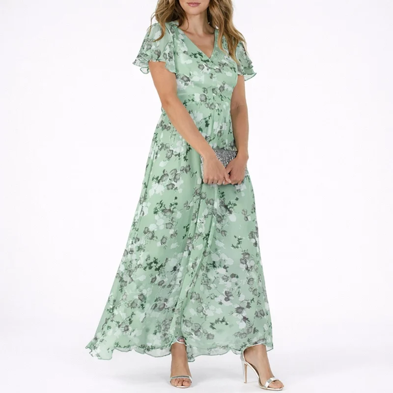 Scarlett | Florales Herbst-Hochzeits Maxikleid aus Chiffon mit Volantärmeln