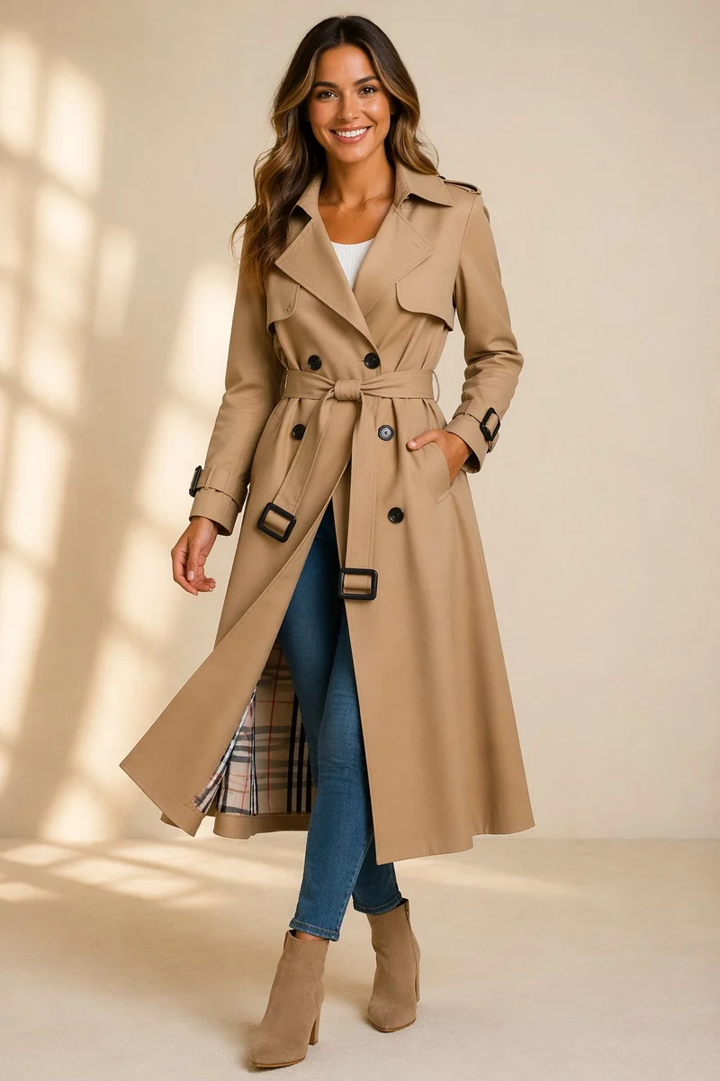 Morgan | Langer Zweireihiger Trenchcoat Mit Taillengürtel